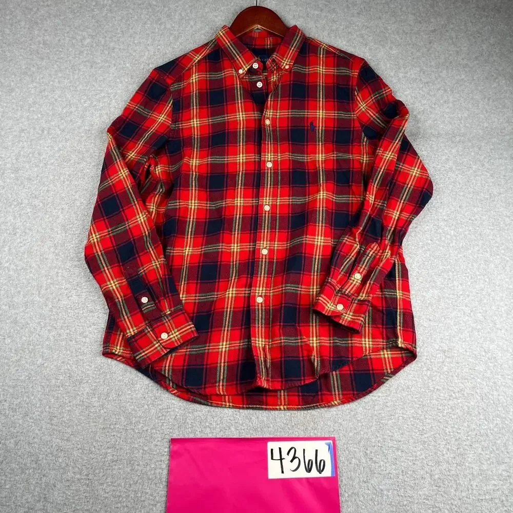 Ralph Lauren Shirt Youth XL Red Blue Tartan Plaid Pony Long Sleeve